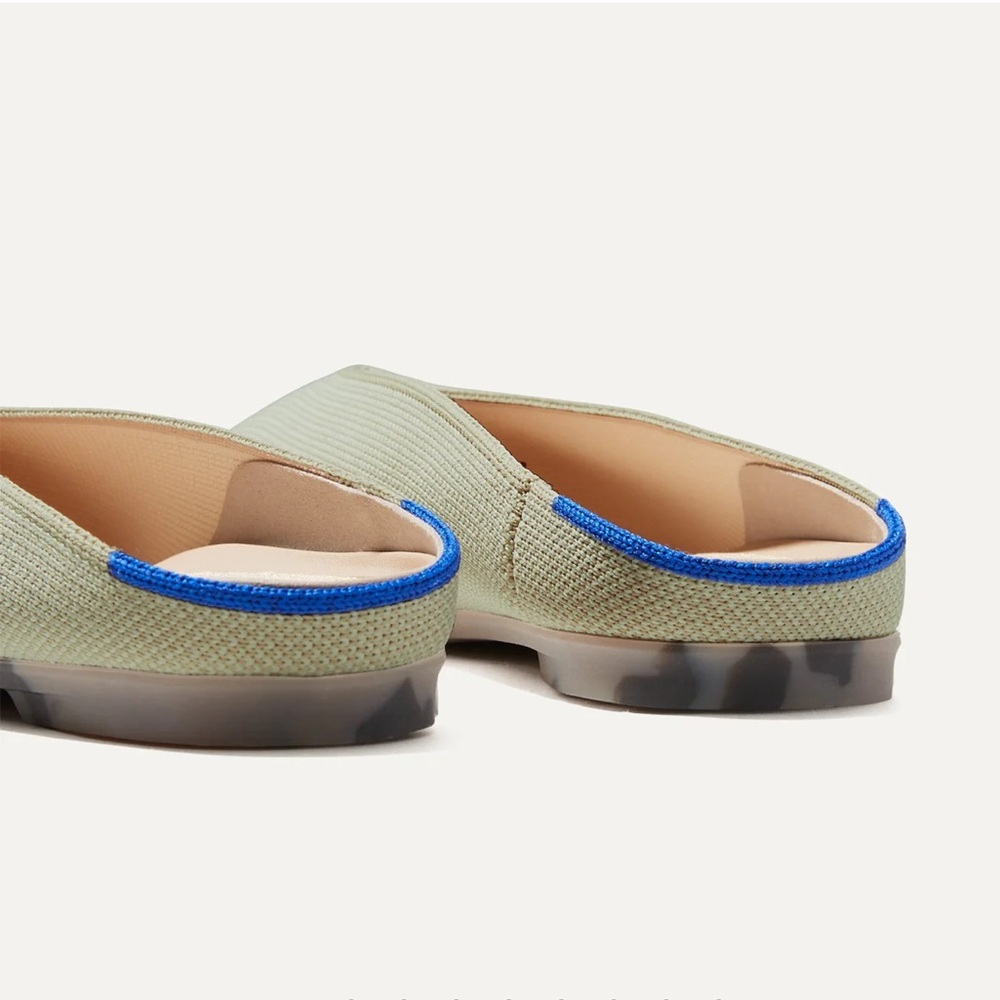 Rothy's Olive Green Pointed Slip-On Flats with Blue Heel Accent - Picture 4 of 13